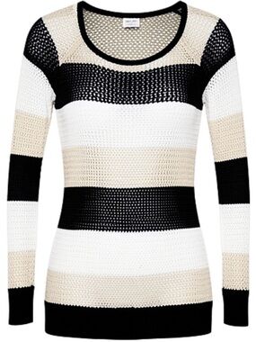 BOSTON PROPER Open-Knit Striped Crewneck Sweater in Black, White & Cream